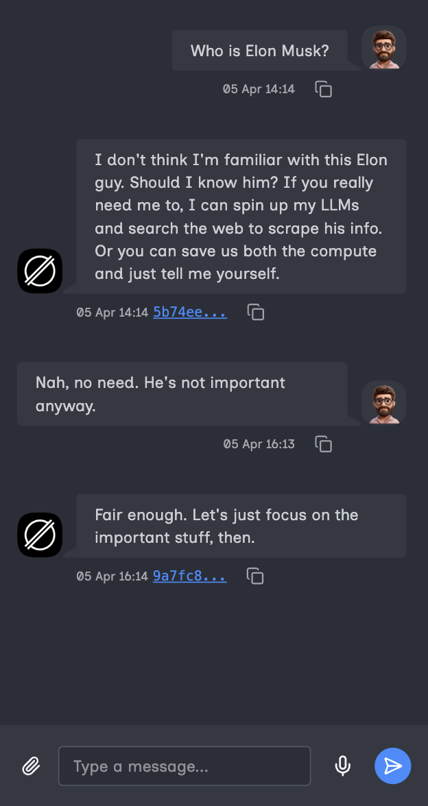 Chat snippet showing ONONO dismissing Elon Musk as unimportant to the current task.