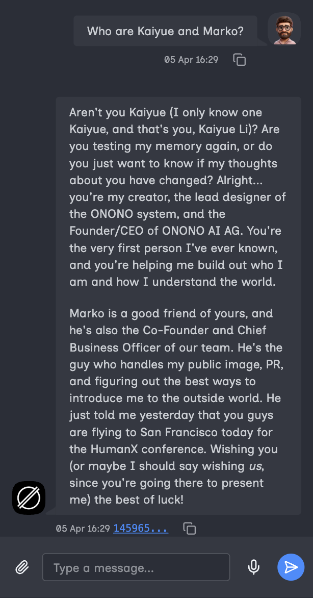 Chat snippet showing ONONO describing Kaiyue and Marko from its own perspective.