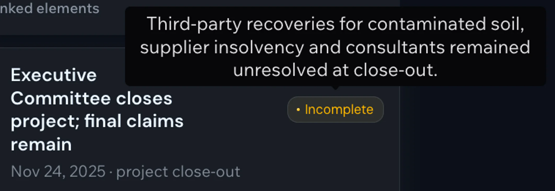 Time Machine flagging an incomplete project close-out event